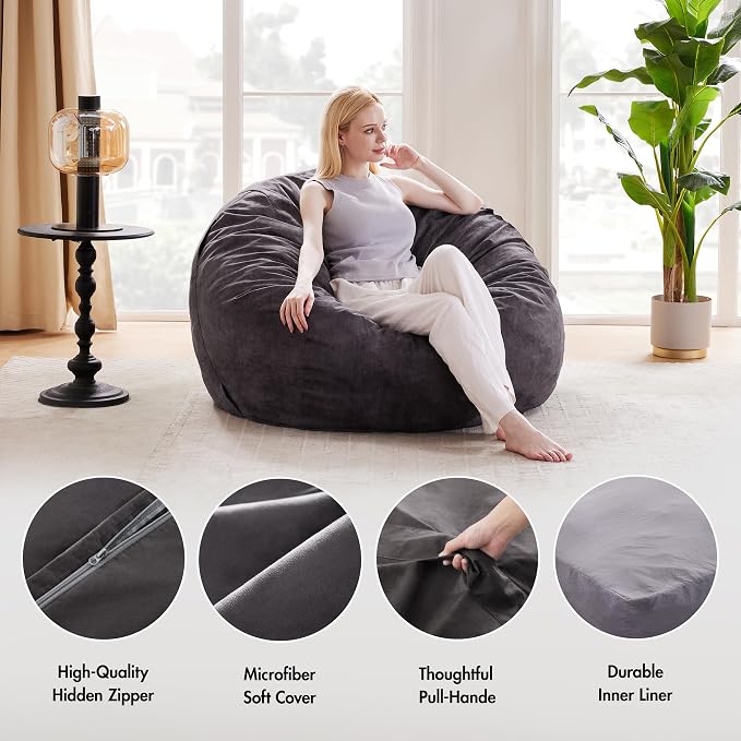 Giant Bean Bag Chair Bed for Adults, Convertible Beanbag Chairs to Floor Mattress Bed, Large Bean Bag Lazy Chair with High-Density Foam Filling, Bean Bag Couch Sofa Bed Washable, Grey Black - Image 4