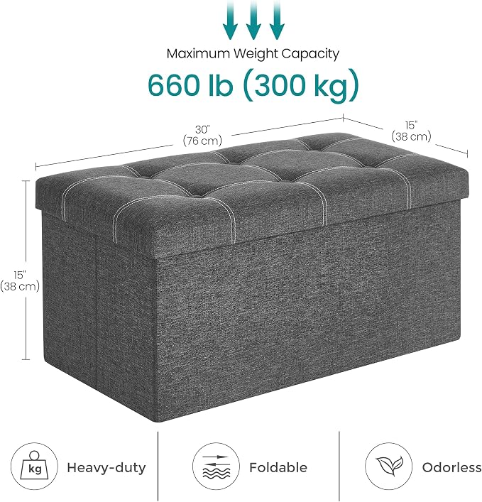 SONGMICS Mazie Collection - 30 Inches Ottoman Storage Bench, 21 Gal. Folding Chest with Breathable Linen-Look Fabric, Load up to 660 lb, for Entryway, Living Room, Bedroom, Dark Gray ULSF001G01 - Image 3