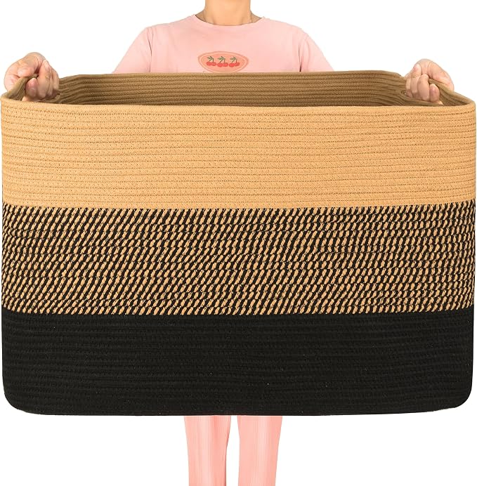 112L Extra Large Blanket Basket Holder Living Room, 25"x17"x16" Rectangle Rope Woven Storage Basket with Handles for Laundry, Pool Towels, Shoes, Dog Toy Organizer Bin Box, Black Jute by MINTWOODDesign
