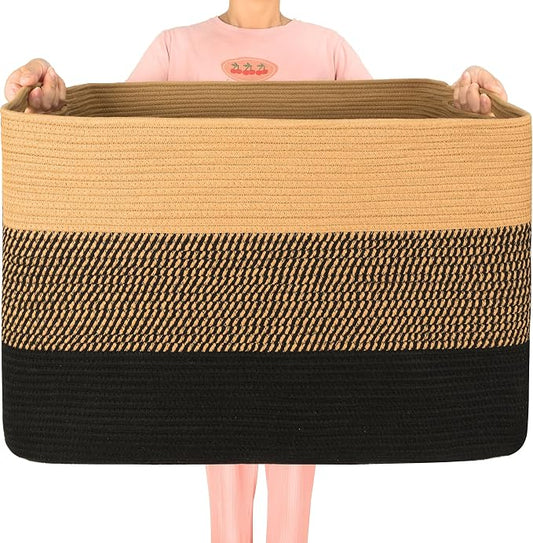 112L Extra Large Blanket Basket Holder Living Room, 25"x17"x16" Rectangle Rope Woven Storage Basket with Handles for Laundry, Pool Towels, Shoes, Dog Toy Organizer Bin Box, Black Jute by MINTWOODDesign