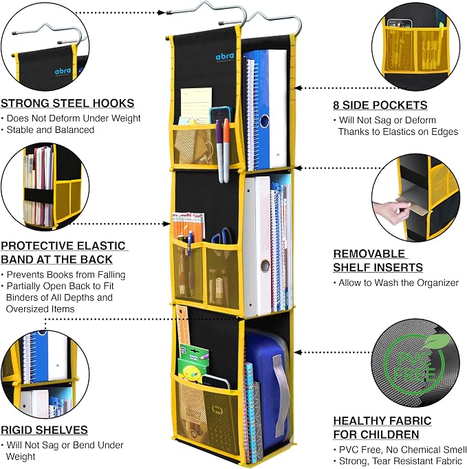 ABRA® 3 Shelf Hanging Locker Organizer for School, Gym, Work, Storage | Deep Shelves 6”x 9”| Eco-Friendly Fabric Healthy for Children | Adjustable School Locker Shelf 3 to 2 (Jet Black/Yellow) - Image 4
