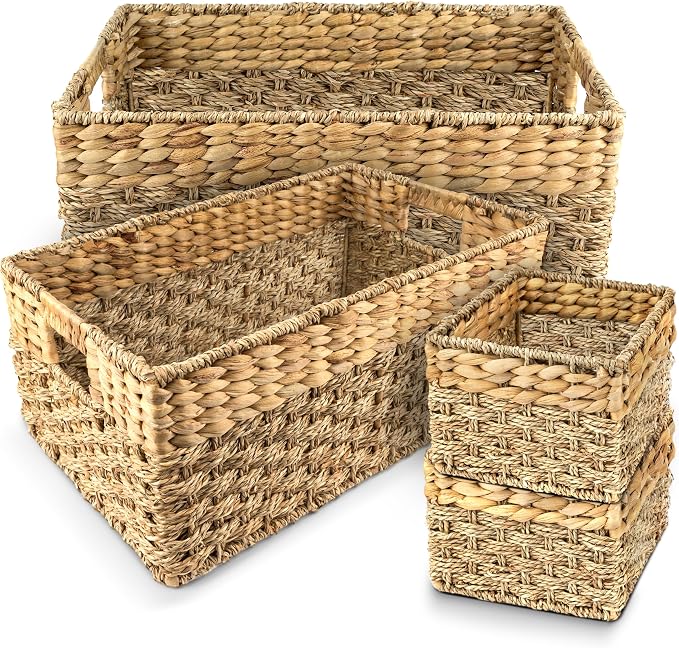 Wicker Storage Basket for Shelves, Set of 4 | Natural Seagrass and Hyacinth, Nesting, Woven Storage Baskets for Organizing Living Room, Shelves, Pantry, Rectangle, Rattan by RUSTICHOMERESOURCES