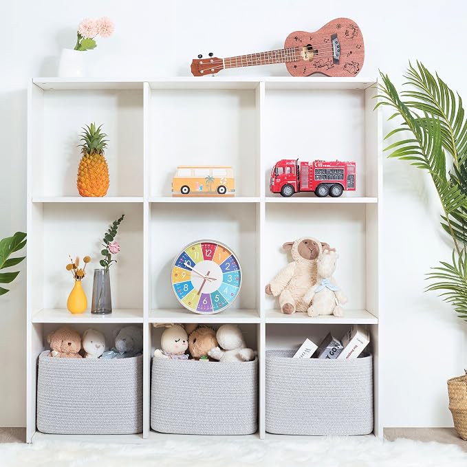 3-Pack Decorative Woven Storage Baskets for Shelves, Cube Bin Box for Organizing Books, Shoes, Dog Toys, Pantry Closet and Living Room Organizer, Light Gray Mix - Image 6