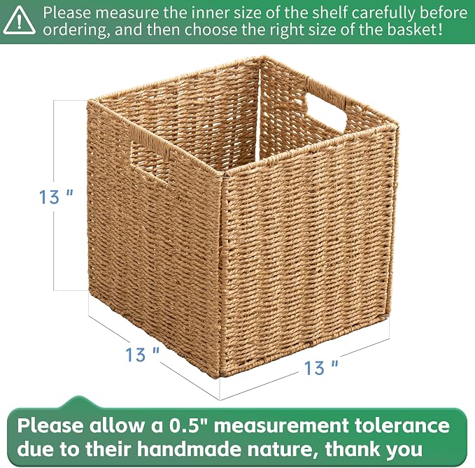 13x13x13 Storage Cube Bins Set of 4, Paper Rope Hand Woven Storage Basket with Handles, Collapsible Square Storage Cubes for Shelves, Wicker Shelf Baskets for Living Room Bedroom Organizing, Natural - Image 2