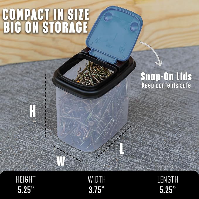 Buddeez Stackable Hardware Storage Bins, 1 Quart, 12-Pack, Blue Lids | Clear bins for easy visibility, Stackable lids, Organizes nuts, bolts, screws and small parts, Workshop or garage storage - Image 6