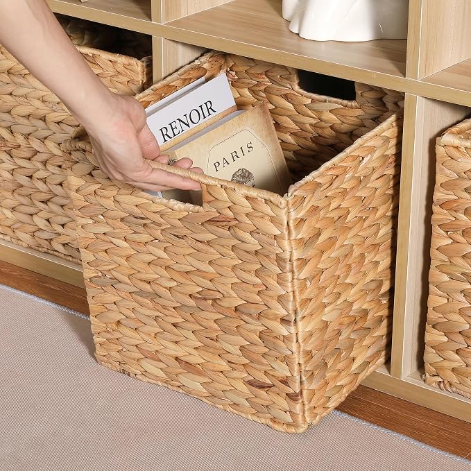 12 x 12 x 12in Water Hyacinth Storage Baskets, Wicker Storage Baskets for Shelves, Foldable Square Bins for IKEA Kallax Set of 3, Large Cubby Rattan Basket, Wicker Basket for Organizing - Image 3