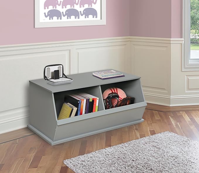 Badger Basket Two Bin Stackable Toy Storage Cubby Organizer – Modular Storage for Toys, Books, and Crafts – Solid Wood Panel – Gray - Image 5