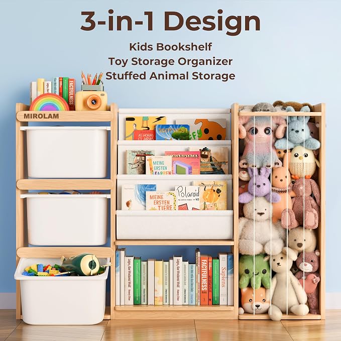 mirolam Toy Storage Organizer and Stuffed Animal Storage - Kids Room Toy Organization with 3 Bins Chest and 3 Tiers Montessori Book Shelf - Toddler Furniture for Playroom - Bedroom Nursery Decor - Image 3