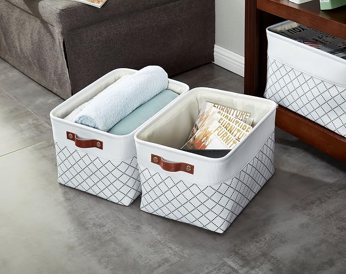 DECOMOMO Storage Bins, Large Fabric Storage Baskets for Shelves 3 Pack | 15 x 11 x 9.5 inches Decorative Linen Closet Organizers with Handles (Checkered White) - Image 2