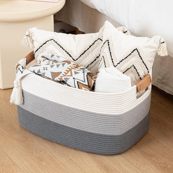Blanket Basket, 72L Rectangle Large Basket for Living Room, Baby Room & Laundry, Woven Cotton Rope Toy Bin Baby Nursery Room Storage, 22’’*17’’*11.8’’, Gradient Grey - Image 9