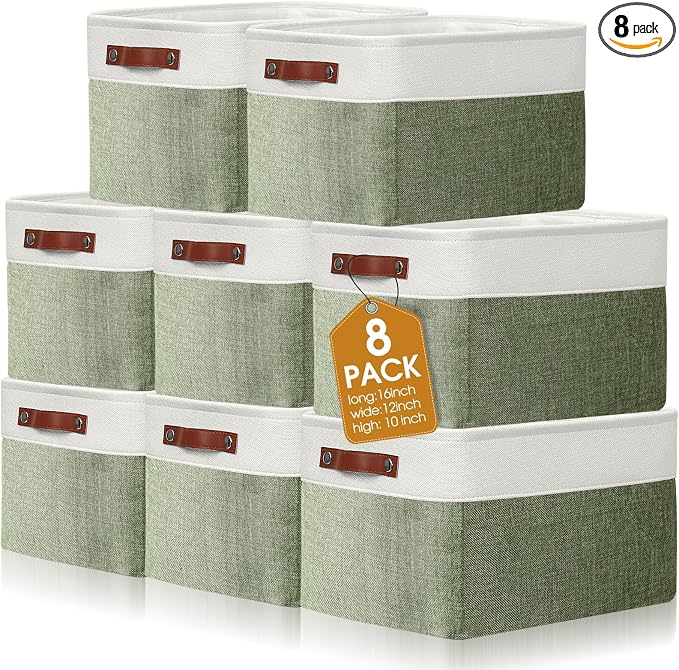 Uiifan 8 Pack 16 x 12 x 10 Inch Large Storage Baskets Collapsible Fabric Storage Cubes Bins with Handles for Shelves Closets Nursery Home Clothes Toys Organizers, Green by Uiifan