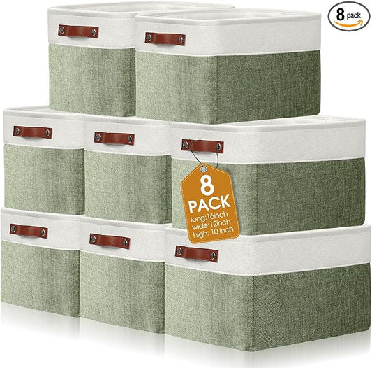 Uiifan 8 Pack 16 x 12 x 10 Inch Large Storage Baskets Collapsible Fabric Storage Cubes Bins with Handles for Shelves Closets Nursery Home Clothes Toys Organizers, Green by Uiifan