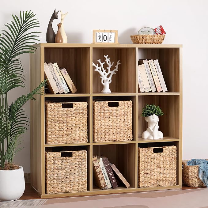 12 x 12 x 12in Water Hyacinth Storage Baskets, Wicker Storage Baskets for Shelves, Foldable Square Bins for IKEA Kallax Set of 3, Large Cubby Rattan Basket, Wicker Basket for Organizing - Image 2