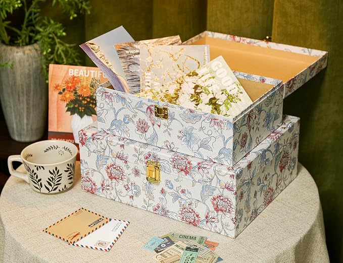 2-Piece Decorative Storage Boxes with Lids, Illustrated Botanical Floral Design in Soft Vintage Tones, Keepsake Boxes with Decorative Metal Closure, Memory Storage Boxes for Home Décor - Image 3