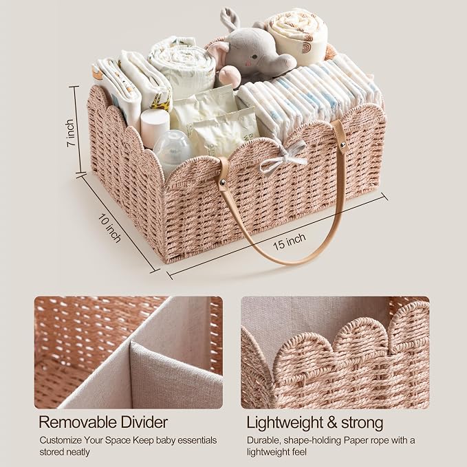 HBlife Baby Diaper Caddy, Paper Rope Storage Baskets Nursery Bin with Removable Divider, Portable Car Organizer for Diapers, Baby Shower Gifts, Newborn Essentials Must Haves - Image 5