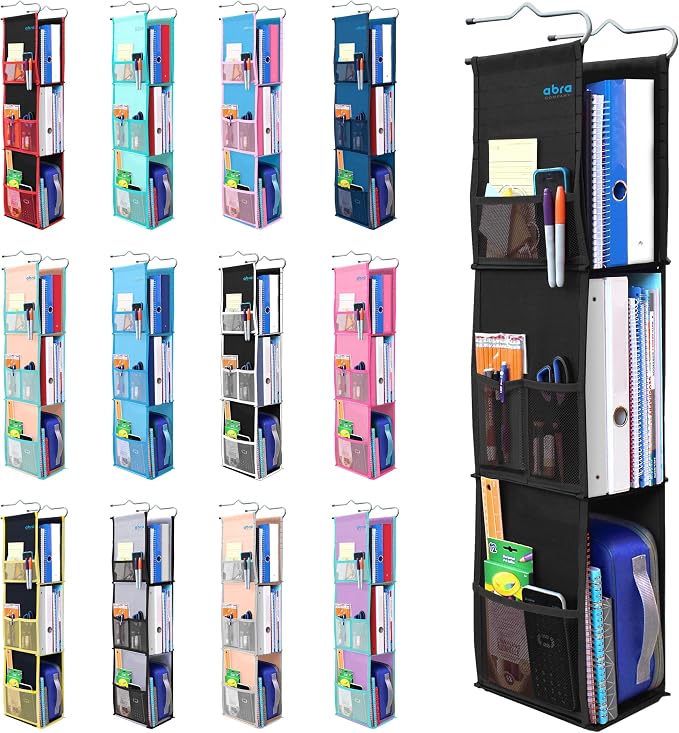 ABRA® 3 Shelf Hanging Locker Organizer for School, Work, Gym, Closet | Deep Shelves 6.5”x 9”| Eco-Friendly Fabric Healthy for Children | Adjustable School Locker Shelf from 3 to 2 Shelves (Pure Black) by ABRA