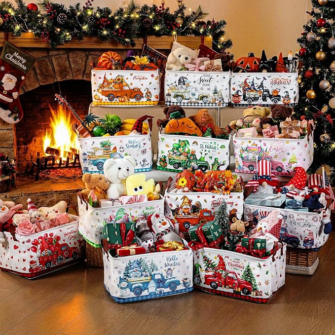 CHENGU 12 Pack Large Holiday Gifts Baskets Empty Collapsible Seasonal Storage Bin St Patricks Day Easter Canvas Laundry Basket Foldable Box with Handle for Home Office Bedroom Clothes Toys - Image 6