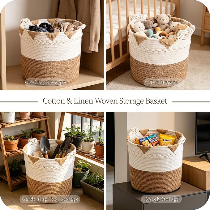 Boho Cotton Rope Woven Storage Basket, Large Decorative Laundry Hamper with Handles- Pack of 3 for Organizing Toy Woven Cotton Rope Laundry Basket Stuffed Animal Toy Storage for Play Room Bedroom - Image 5