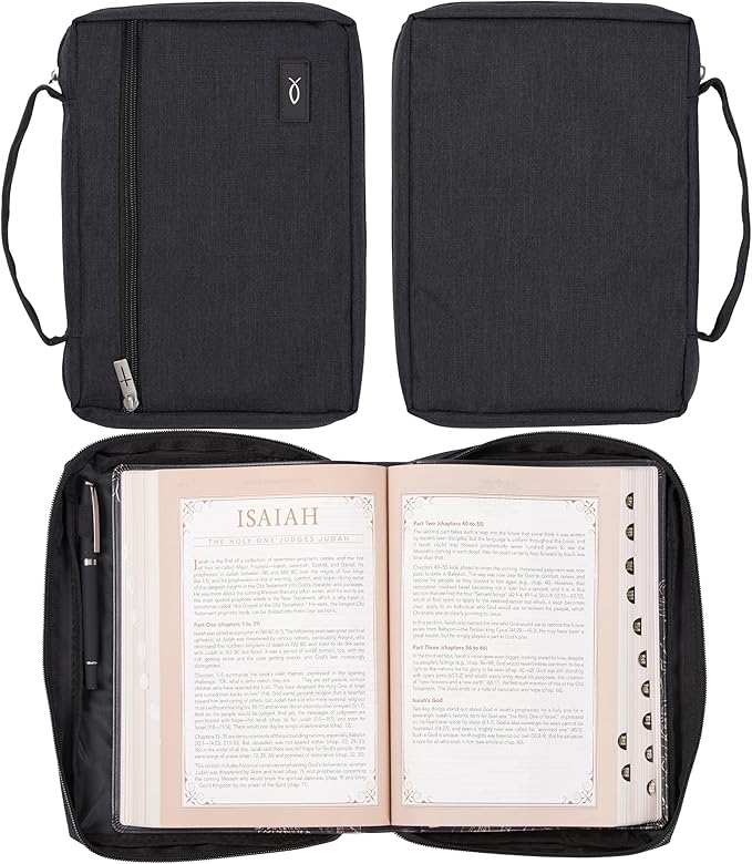 Christian Art Gifts Polyester Bible Cover for Men & Women w/Jesus Fish Patch, Secure Zipper Pocket, Pen Loops, Easy Carry Book Case for Stationery, Accessories, Black, Medium - Image 6