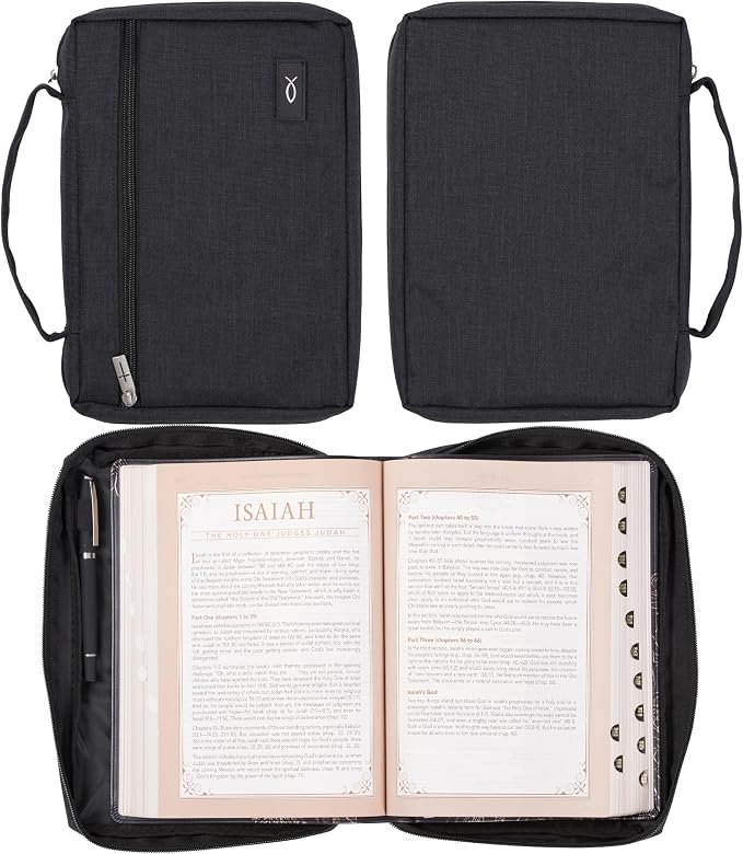 Christian Art Gifts Polyester Bible Cover for Men & Women w/Jesus Fish Patch, Secure Zipper Pocket, Pen Loops, Easy Carry Book Case for Stationery, Accessories, Black, Medium - Image 2