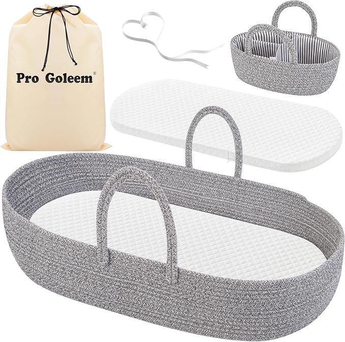Pro Goleem Baby Diaper Changing Basket, Portable Easy to Clean Moses Basket for Newborn Babies with 1 Foam Pad 2 Waterproof Pad Covers and 1 Diaper Caddy Organizer by ProGoleem