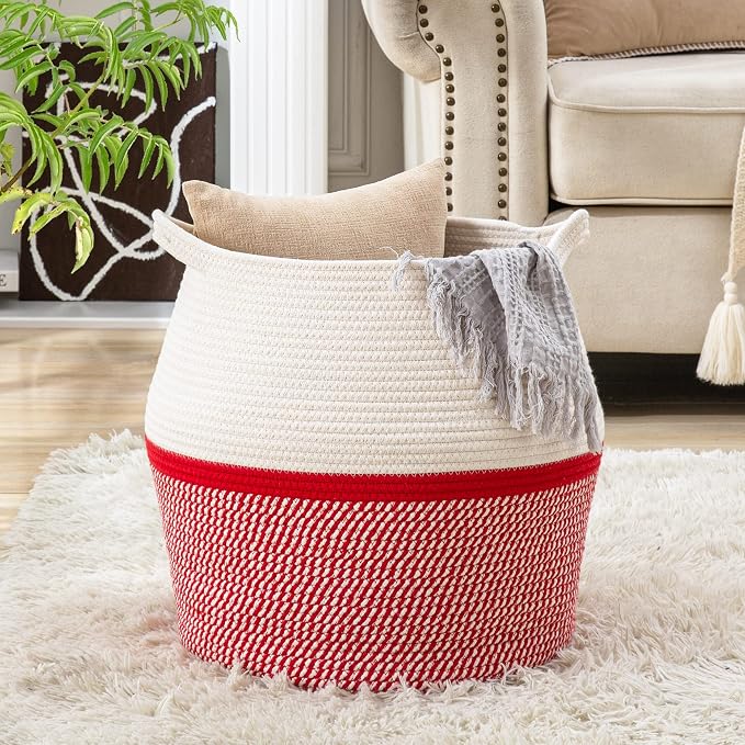 KAKAMAY Woven Baskets for Storage(17"x17"),Large Cotton Rope Woven Baby Laundry Hamper,Collapsible Laundry Basket, Blanket Basket for Organizing Living Room,Nursery,Pillows,Toy Chest(Red) - Image 4