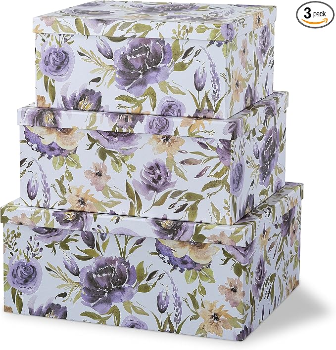 Soul & Lane - Purple Passion Decorative Storage Boxes with Lids, Set of 3 | Large Nesting Cardboard Keepsake Boxes for Memories and Gifts, Purple Lavender Floral Containers, Stackable Hat Box Style by SoulLane