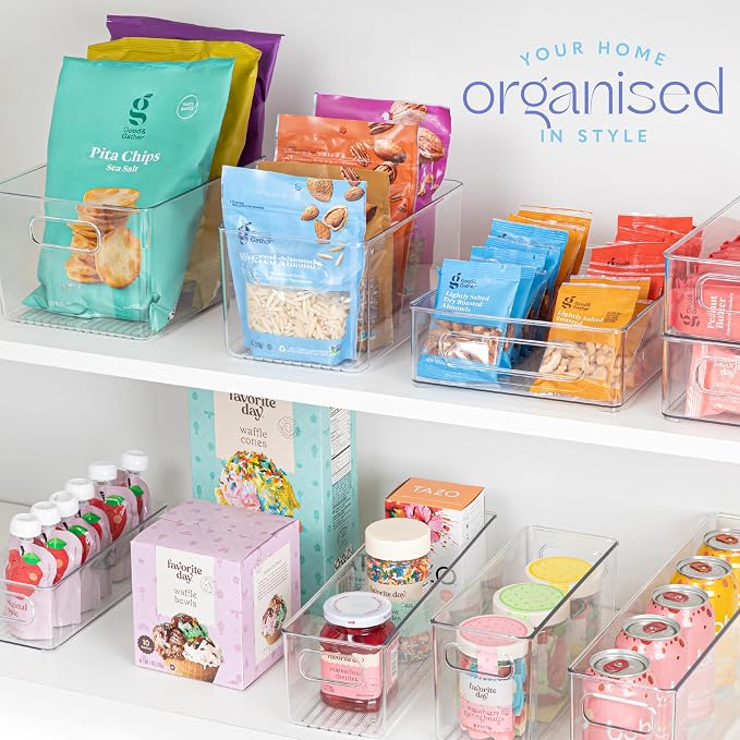 Plastic Food Storage 6 Pack Clear Container Bin with Handles for Organizing Kitchen, Pantry, Refrigerator, Freezer, Pantry, Cabinet, Closet, Bathroom. 14”x4”x4” - Image 7