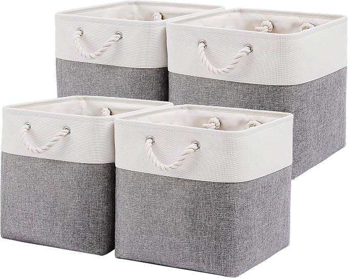 MidmmVick 13 x 13 Inch Cube Storage Bins, 4 Pack Large Collapsible Fabric Storage Bin with Ropes, Foldable Storage Cubes for Home, Office,Closet, Clothes, Toys Organizer (White & Grey) by Midmmvick