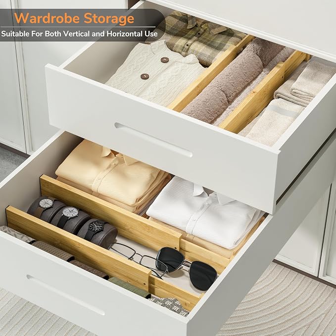 BAMEOS Bamboo Expandable Drawer Dividers – Fits 16.65"–22" Drawers, 3" Deep Walls, Set of 4 | Taller Spring-Loaded Separator Keeps Items Upright in Kitchen & Dresser Drawers - Image 5