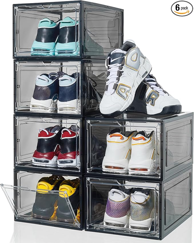 ZLLZUU Shoe Shoe Storage Boxes, 6 Pack Stackable Shoes Organizer Black | Clear Drop Front, Dustproof Magnetic Door, Stackable Containers, for High-Top Sneakers, Durable and Sturdy, Easy to Assemble by ZLLZUU