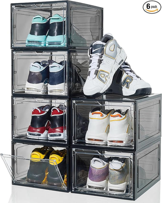 ZLLZUU Shoe Shoe Storage Boxes, 6 Pack Stackable Shoes Organizer Black | Clear Drop Front, Dustproof Magnetic Door, Stackable Containers, for High-Top Sneakers, Durable and Sturdy, Easy to Assemble by ZLLZUU