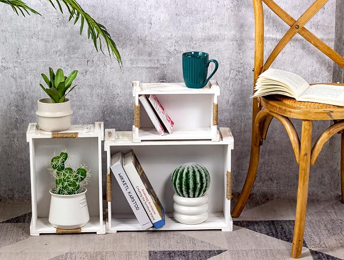 TIMRIS Set of 3 Rustic Wood Nesting Crates, Farmhouse Wooden Storage Container Boxes with Cutout Handles, Decorative Wooden Baskets for Display (Whitewash) - Image 6