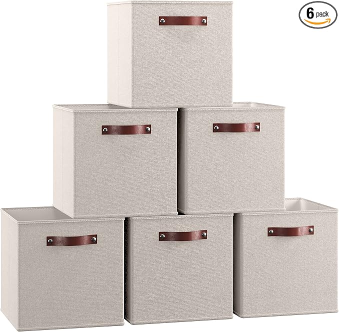 Ornavo Home 11x11 Foldable Fabric Storage Cube Bins, 6 Pack, Beige | Collapsible Linen Shelf Basket Organizer; Leather Handles; Ideal Cube Storage For Closet by OrnavoHome