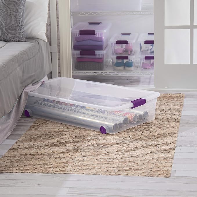 Sterilite 56 Quart ClearView Wheeled Latch Box, Clear Bin and Lid, 4 Pack | Clear Plastic Organizer Bins with Color Accent Latches and Wheels for Closet, Home Bedroom and Dorm Room - Image 3
