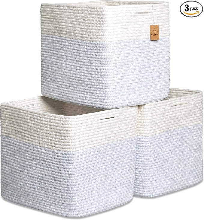 NaturalCozy 13x15x13 Kallax Storage Cubes Bins, 3 Pack | Cotton Rope Cube Storage Bin Woven Baskets for Organizing | Kallax Insert Storage Baskets for Shelves Organizer, Kids Toy, Closet Baby Nursery by NaturalCozy
