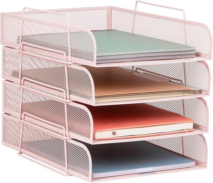 Mind Reader Stackable Paper Tray, Desktop Organizer, File Storage, Office, Metal Mesh, 10.5" L x 13.5" W x 11.25" H, 4 Pcs., Pink by MindReader
