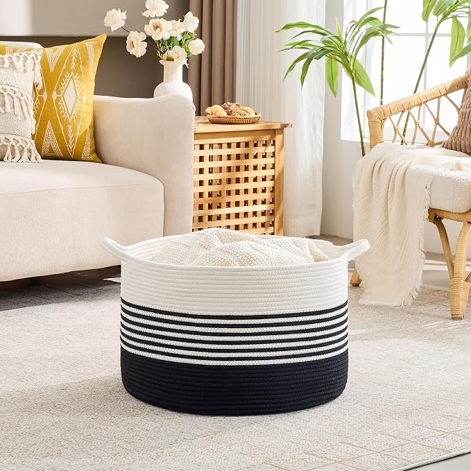 KAKAMAY Large Blanket Basket with Handles, Storage Basket for Living Room | Extra Large Capacity | Natural Cotton Rope | Blanket Storage | Woven Storage Basket | Stuffed Animal Storage | Laundry Basket - Image 4