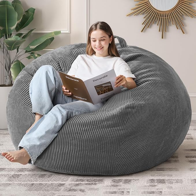 5FT Bean Bag Chair for Adults,Gaint Teardrop Beanbag with Filler | Beanbag Chair with Memory Foam Filled,Bean Bags with Handy Handle&Machine Washable Cover for Living Room,Bedroom-Grey by Cansunna