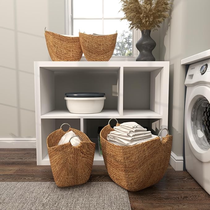 Deco 79 Seagrass Handmade Decorative and Functional Storage Basket Woven Curved Basket Organizer with Silver Metal Handles, Set of 4 Basket for Storage 14", 16", 19", 21"W, Brown | Decorative And Functional Handmade Woven Curved Basket Organizer With S... - Image 6