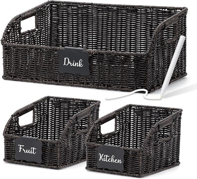 Pantry Organizers, Handwoven Large Wicker Baskets for Shelves, Labeled Storage Baskets for Organizing with Handles - Waterproof Plastic Storage Bins, Boho Decorative, 3Pack, Black by Unknown