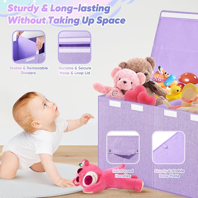 Extra Large Toy Box, Collapsible Toy Storage Organizer, 40"x16"x16", Purple | Sturdy Kids Toys Bin Chest with 2 Pockets and Dividers for Boys Girls, Dust-Proof, Nursery Bedroom Organization - Image 4