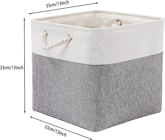MidmmVick 13 x 13 Inch Cube Storage Bins, 4 Pack Large Collapsible Fabric Storage Bin with Ropes, Foldable Storage Cubes for Home, Office,Closet, Clothes, Toys Organizer (White & Grey) - Image 4