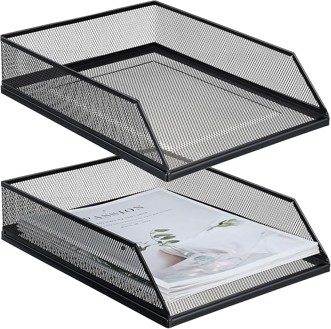 Hicarer 2 Pcs Black Metal Letter Tray Stackable Desk Tray Single Wire Mesh Organizer Front Load File Paper Holder for Desktop Office Home School Classroom (12.8 x 9.84 Inch) by Hicarer