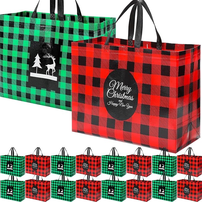 Colarr 36 Pcs Extra Large Christmas Tote Bags with Handle Xmas Gift Bag Non Woven Red Green Buffalo Plaid Waterproof Reusable Bag for Winter Christmas Holiday Wedding Party Supplies,16.5''x 13 "x 7'' by Colarr