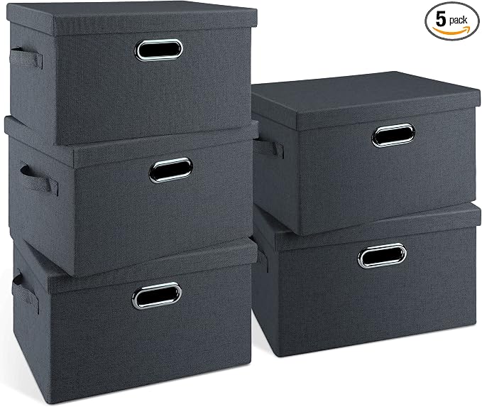 Graciadeco Medium 15" 21 Quart Collapsible Stackable Storage Bins with Lids, 5 Packs Dark Gray Foldable Fabric Closet Storage Boxes with Lids, Lidded Heavy-duty Linen Baskets(15x11x8) | 21 Quart 5 Pack Dark Gray Collapsible Stackable Linen Fabric 4 Han... by GraciadecoStorage