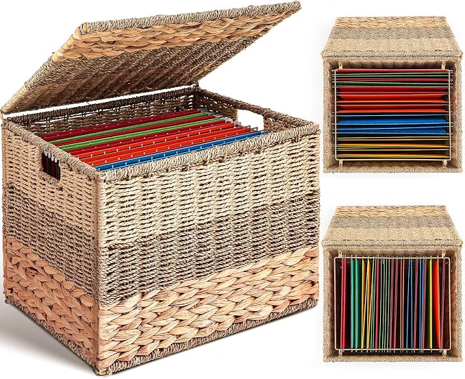 Cinnvoice Extra Large Decorative File Box 18 x 16 x 13 in Wicker Seagrass File Basket Organizer for Letter Legal Size Hand Woven Hanging Filing Cabinet with Lid for Office Water Hyacinth, Tricolor by Cinnvoice