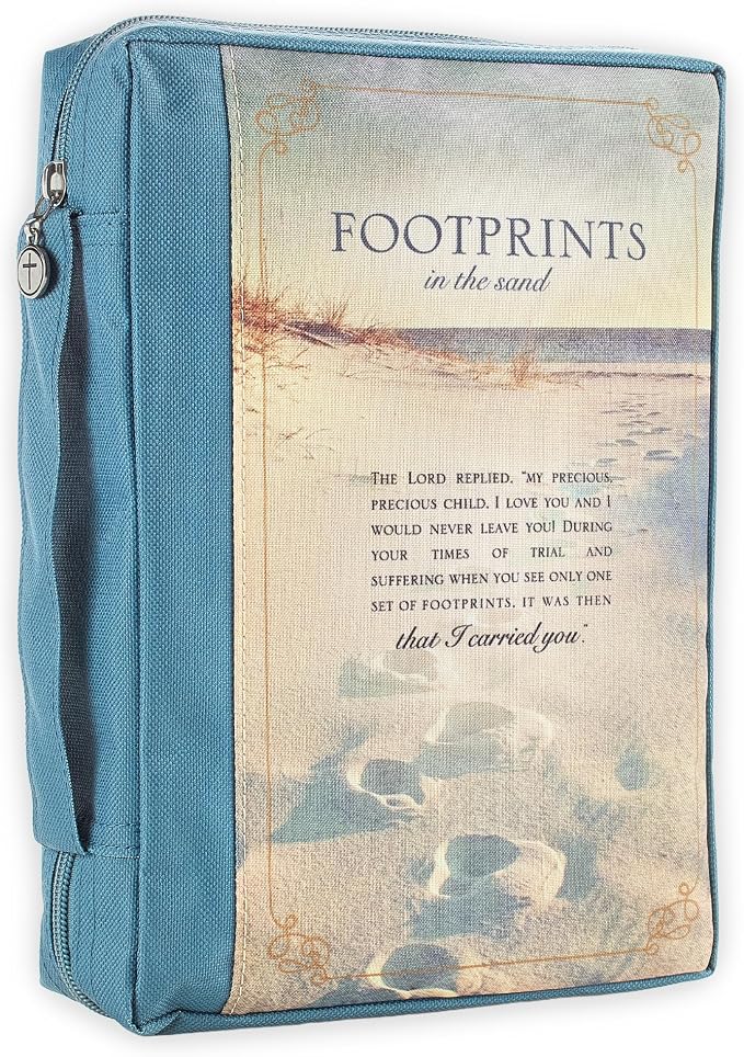 Christian Art Gifts Men/Women's Bible Cover Footprints, Blue Poly Canvas, Large by ChristianArtGifts