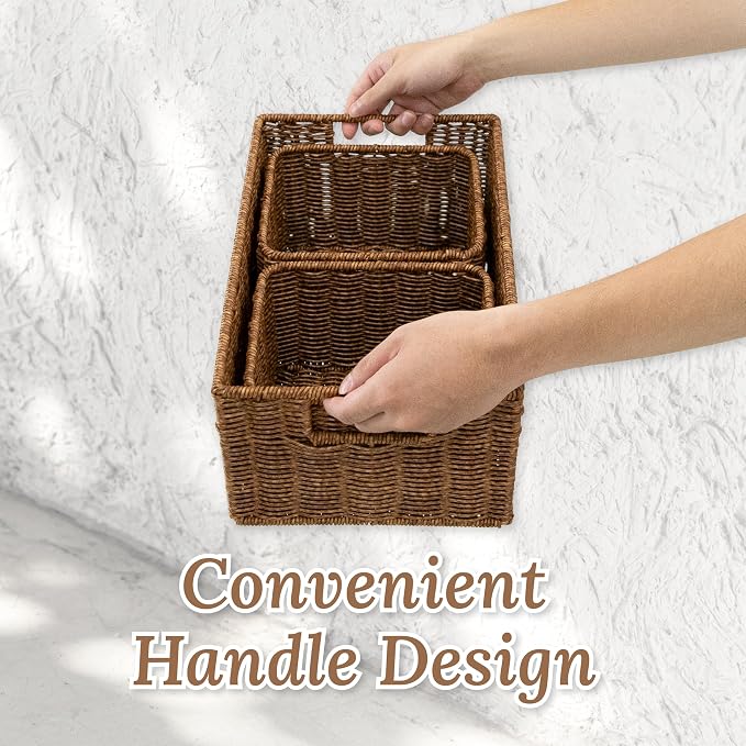 WeeNest Wicker Basket with Handle, Shelf Baskets for Organizing, Woven Organization Storage with Handles, Resin Wicker Set of 3, Toffee - Image 3