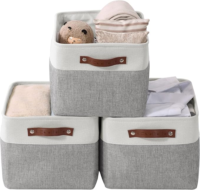 DECOMOMO Storage Bins, Extra Large Fabric Storage Baskets for Shelves 3Pack | 15.8 x 12.5 x 10 inches Decorative Linen Closet Organizers (Grey & White) by DECOMOMO